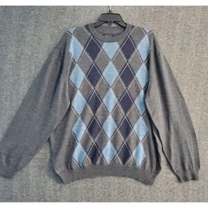John W Nordstrom Sweater Mens XL Gray Argyle Extra Fine Merino Wool Italy EUC